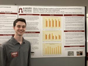 Student posing in front of their research poster on the effects of various storage conditions on extending shelf-life and preserving antioxidant capacity of blueberry, SCHOLARS' DAY, April 16th, 2024.
