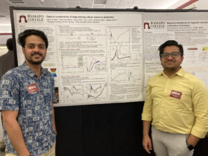 2 students posing in front of their research poster on the magnetoimpedance of magnetic amorphous alloys, SCHOLARS' DAY, April 16th, 2024.
