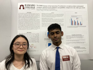 2 students posing in front of their research poster entitled 'the RhIR mutant of the bacterium Pseudomonas aeruginosa shows attenuated virulence and increased antibiotic susceptibility compared to the wild type strain", SCHOLARS' DAY, April 16th, 2024 